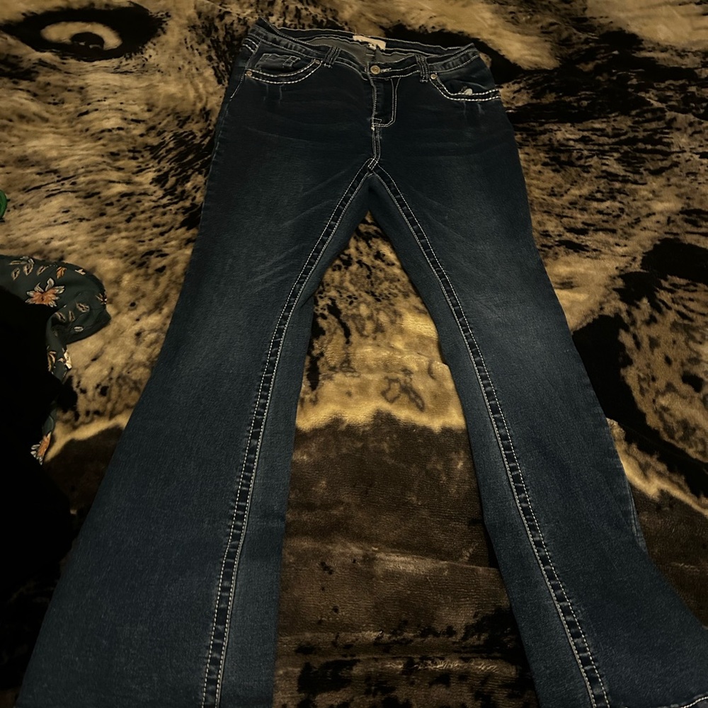 Dark Blue Flared Jeans with White Stitching